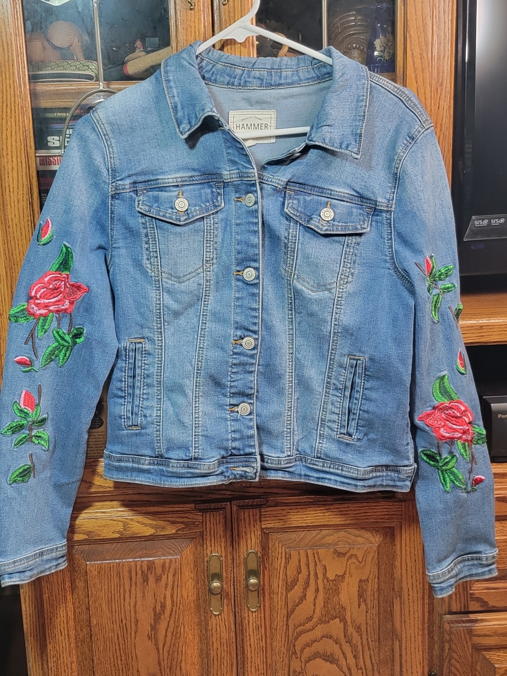 Hammer Women's Blue Embroidered Rose Denim Jacket